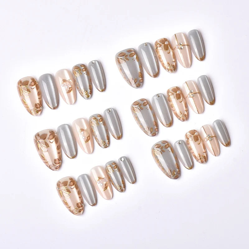 Press-On Nail Set Instant Application Floral & Metallic Accents