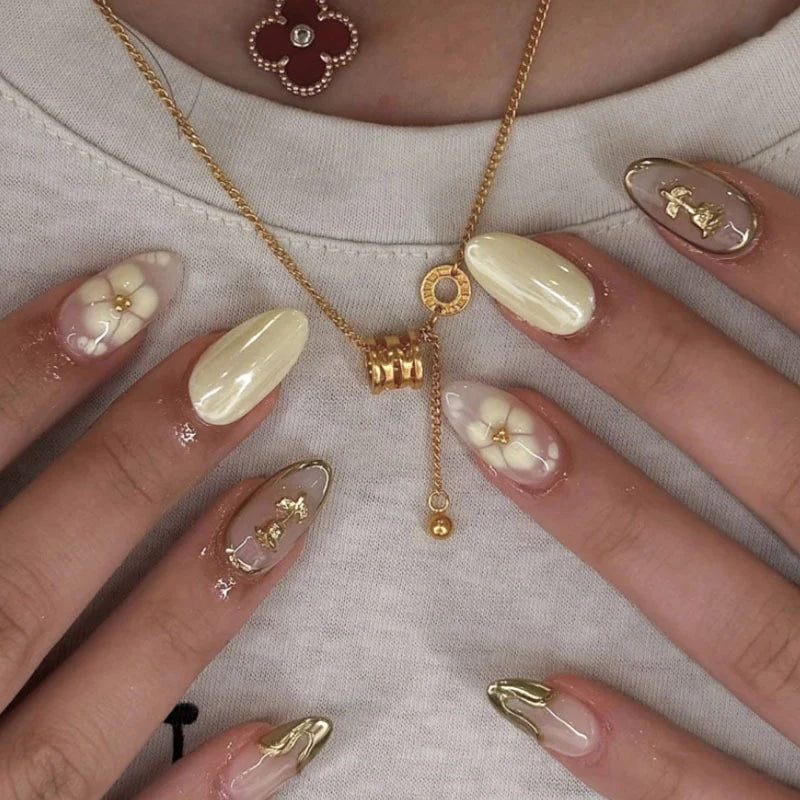 Press-On Nail Set Intricate Floral Glossy Finish Easy Application