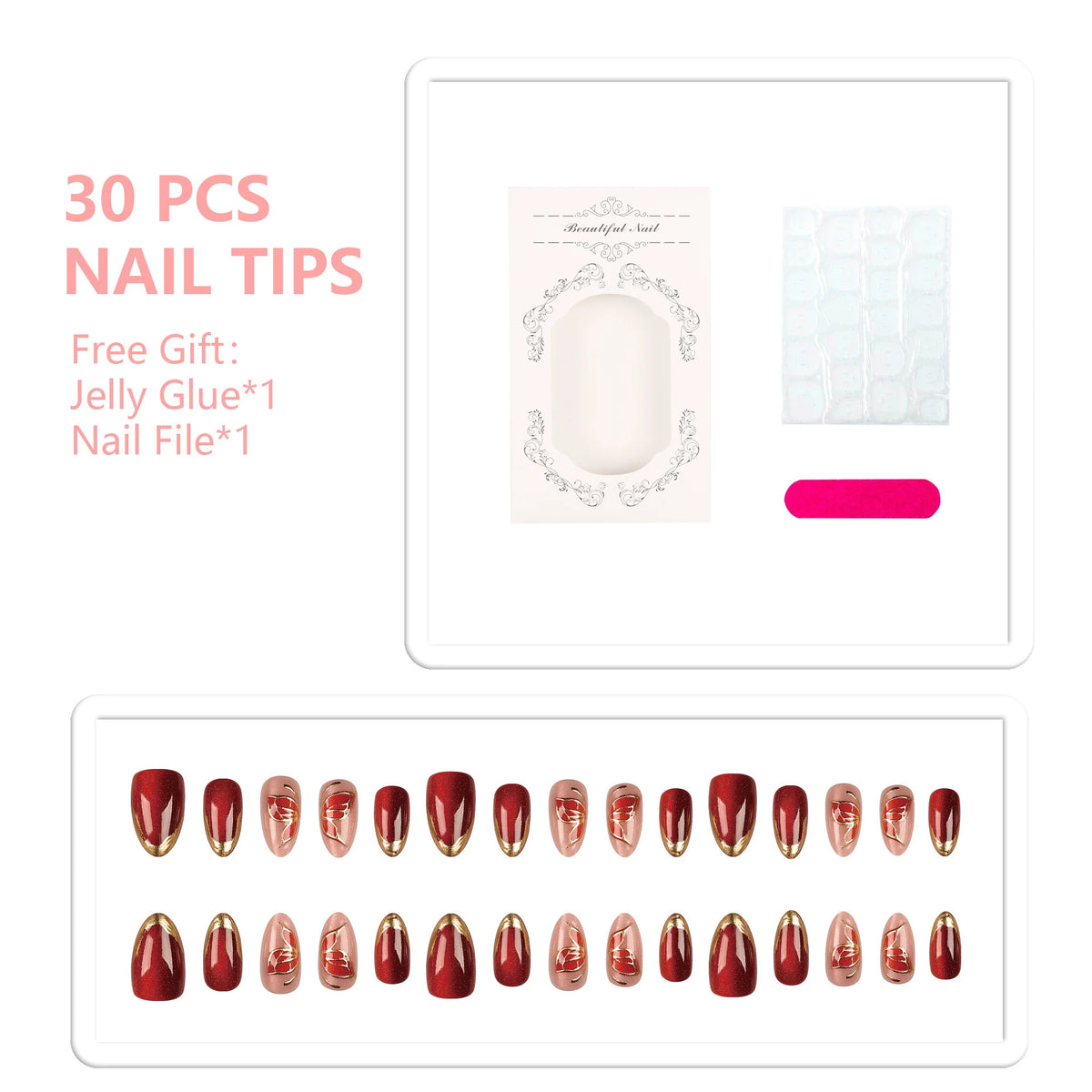 Press-On Nail Set Intricate Floral Multiple Sizes
