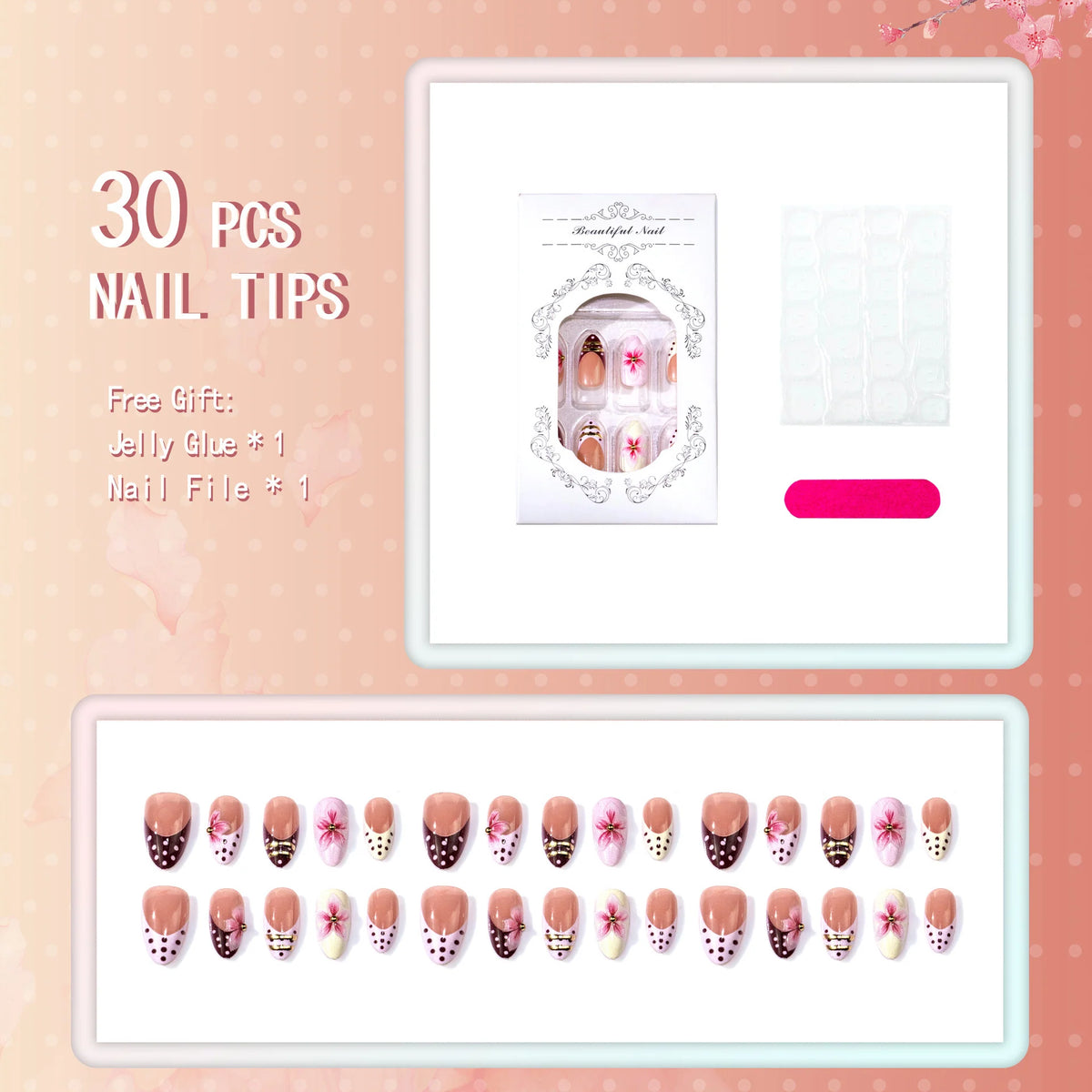 Press-On Nail Set Intricate Floral Reusable & Easy Application