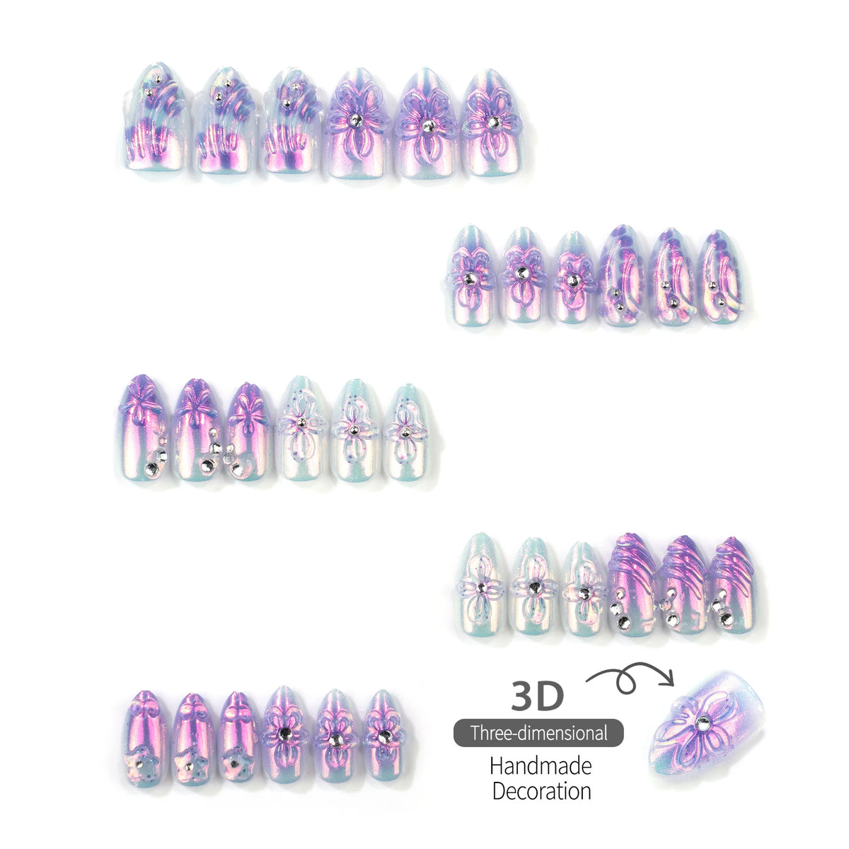 Press-On Nail Set Iridescent Floral Multiple Sizes