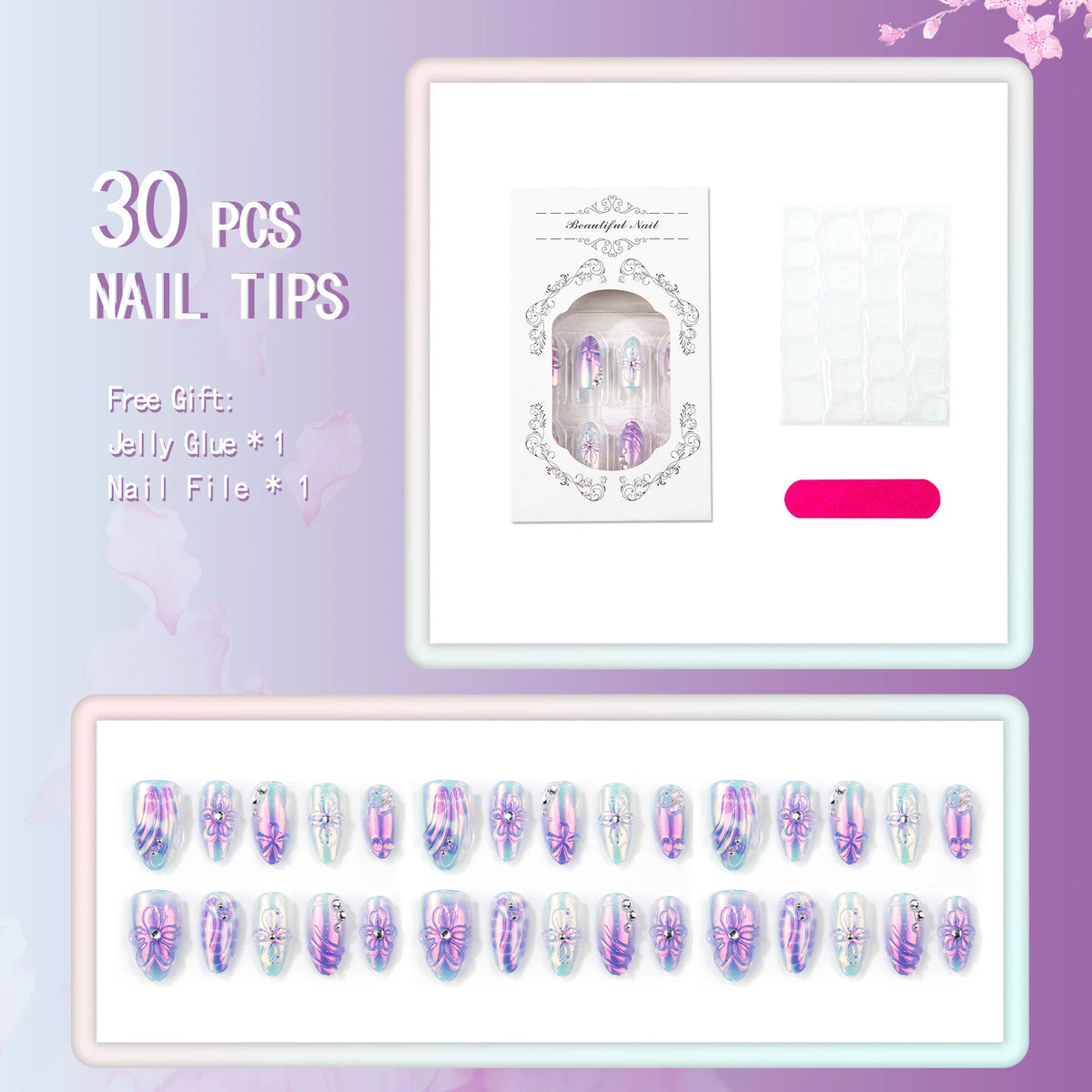 Press-On Nail Set Iridescent Floral Multiple Sizes