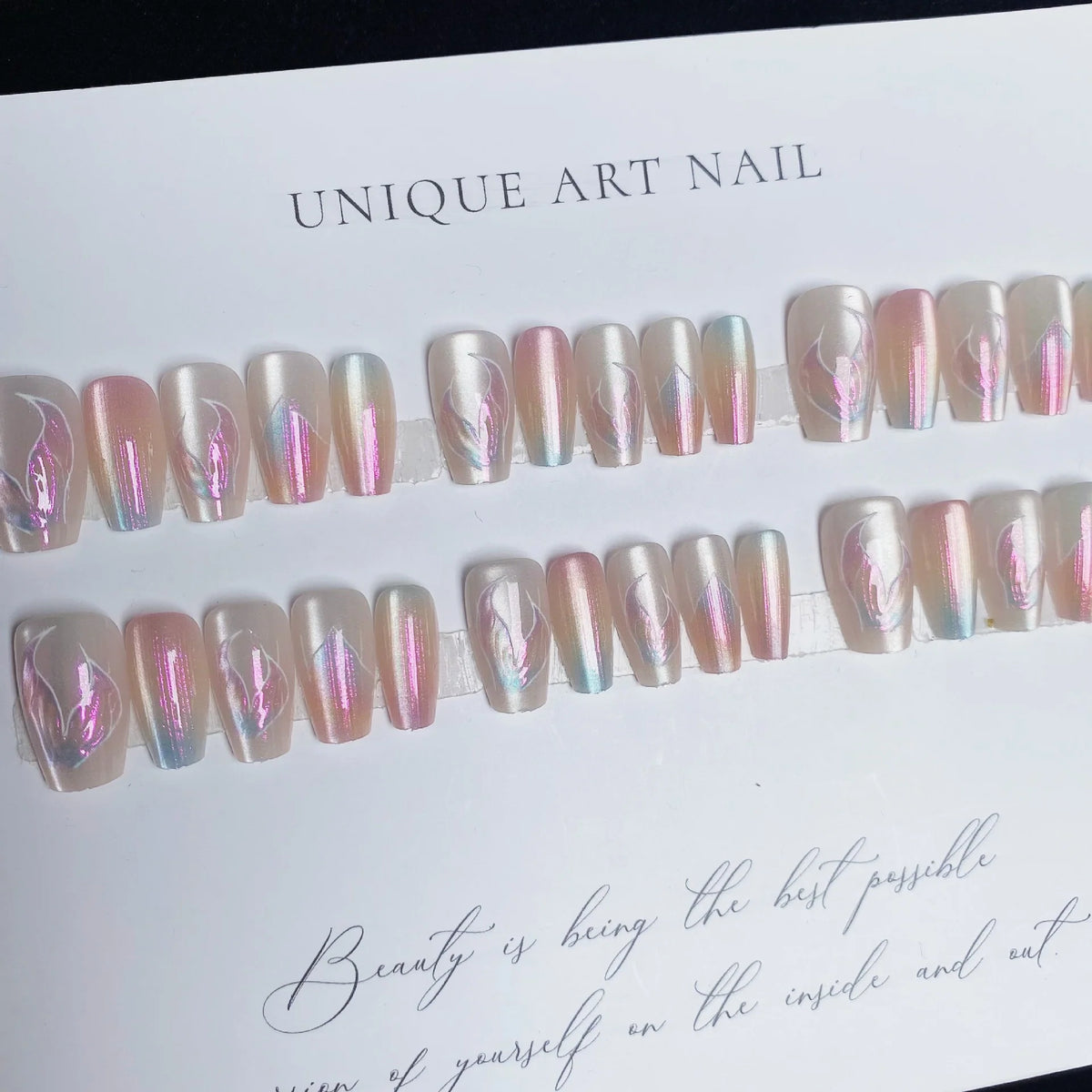 Press-On Nail Set Iridescent Floral Multiple Sizes & Adhesive Tabs