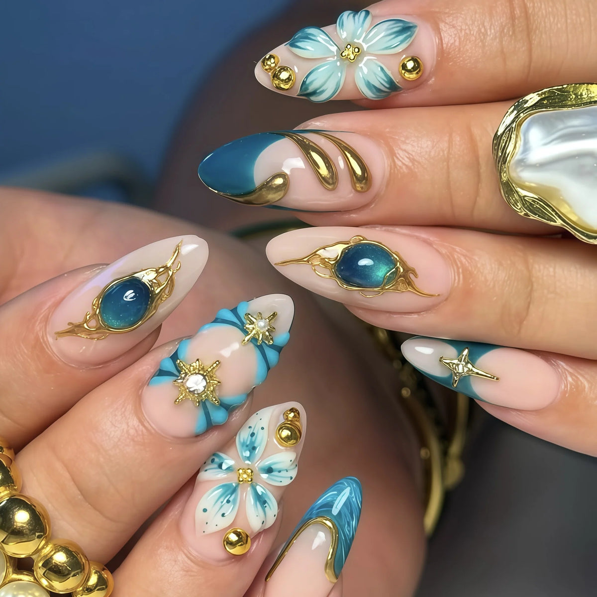 Press-On Nail Set Jewel-Embellished Floral Reusable