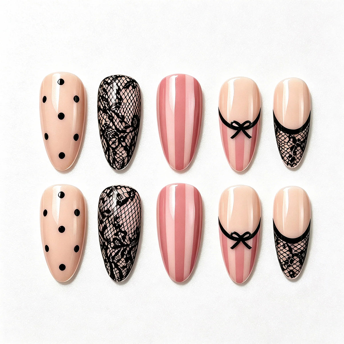 Press-On Nail Set Lace, Polka Dot & Stripe