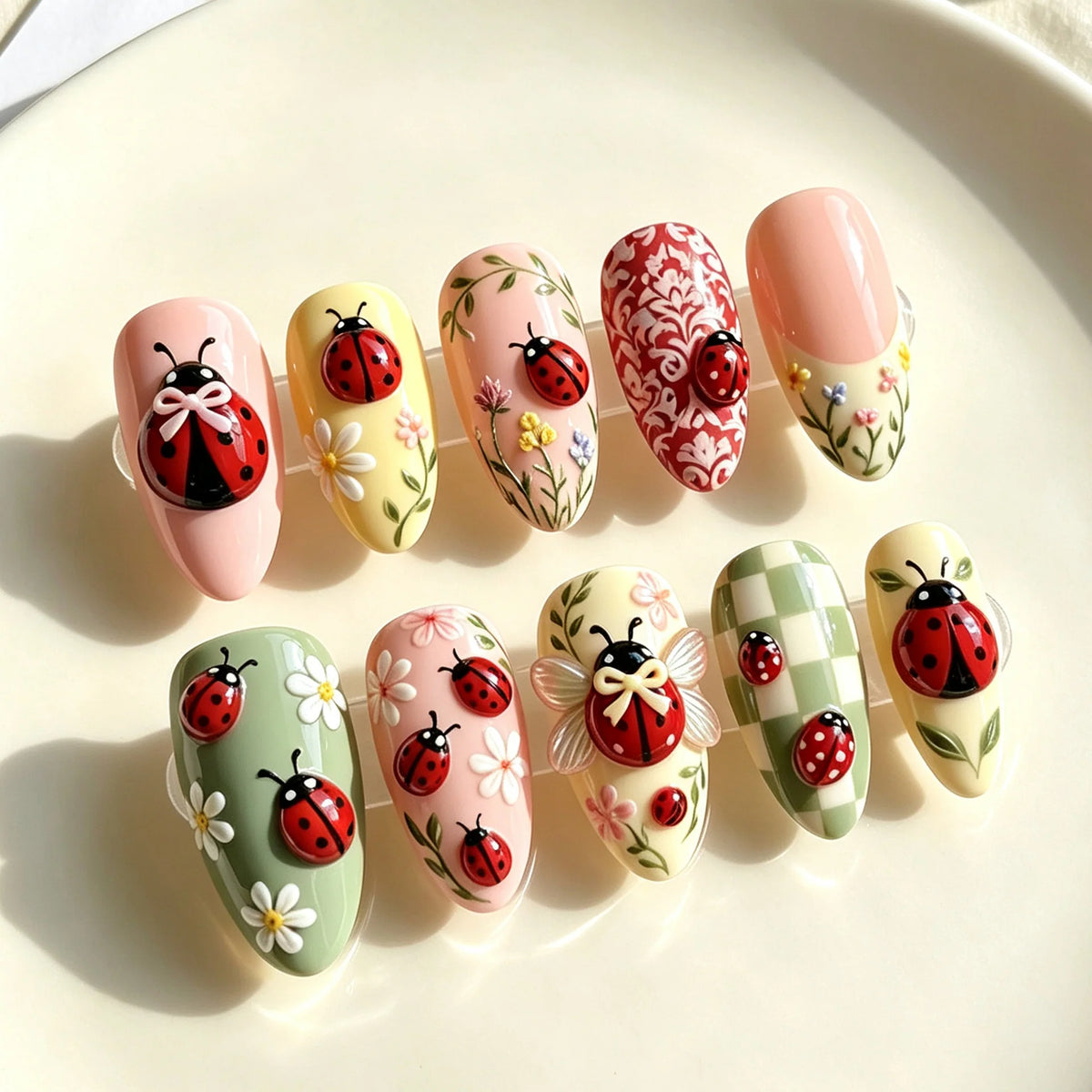 Press-On Nail Set Ladybug & Floral Designs Quick Application