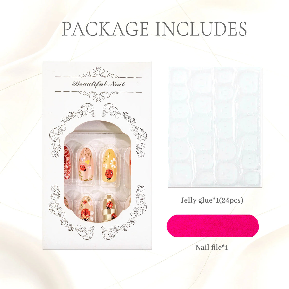 Press-On Nail Set Ladybug & Floral Designs Quick Application