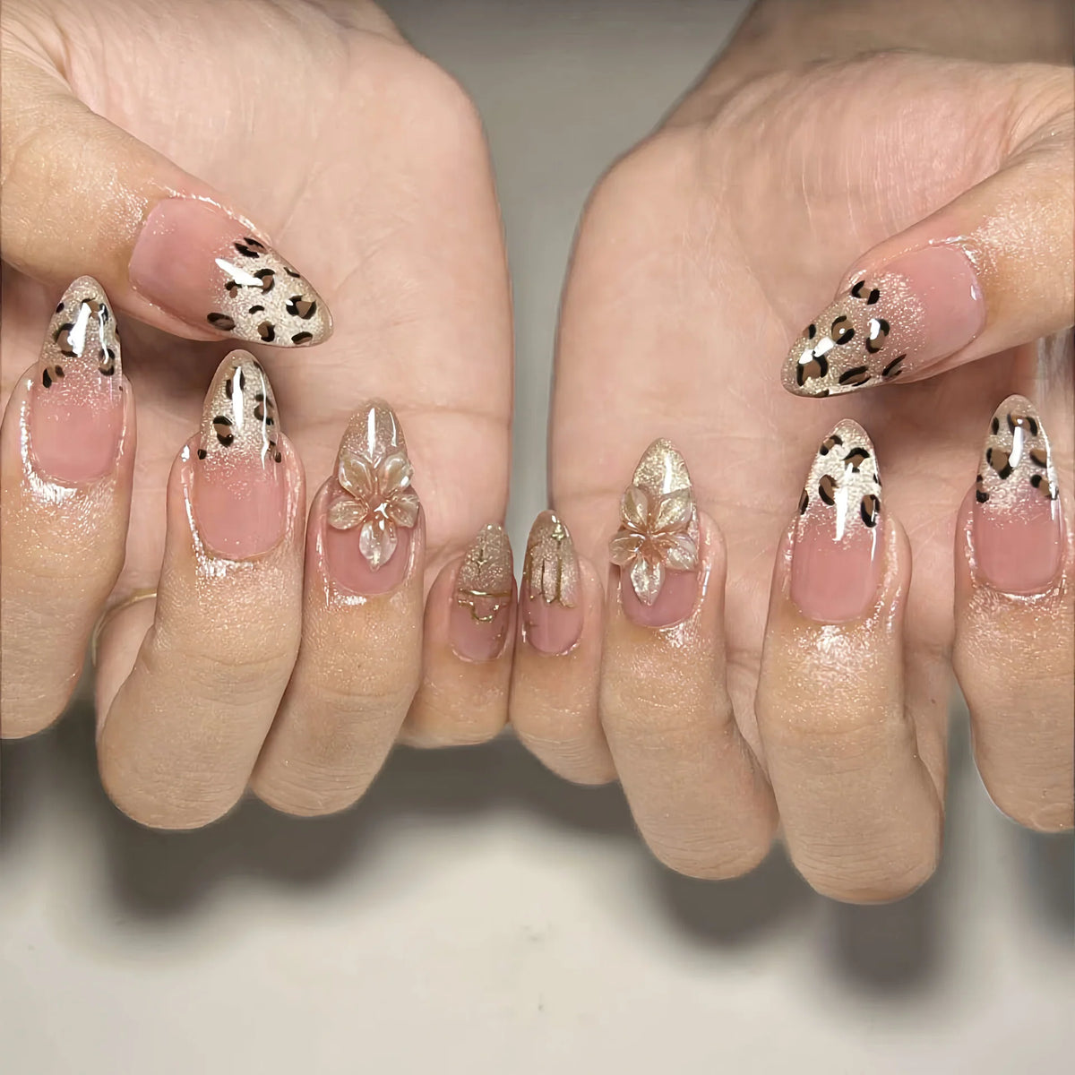 Press-On Nail Set Leopard & Floral Adhesive Backing Long-Lasting