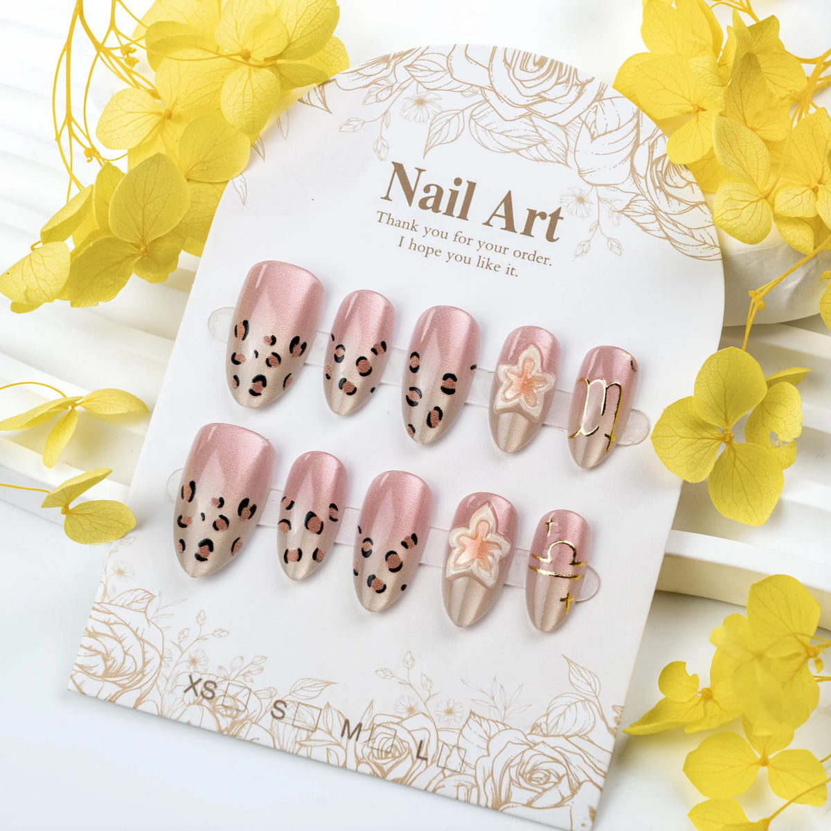 Press-On Nail Set Leopard & Floral Adhesive Backing Long-Lasting