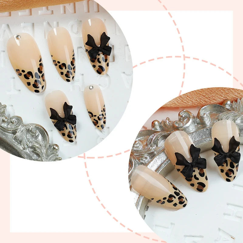 Press-On Nail Set Leopard Print Bow Self-Adhesive & Reusable