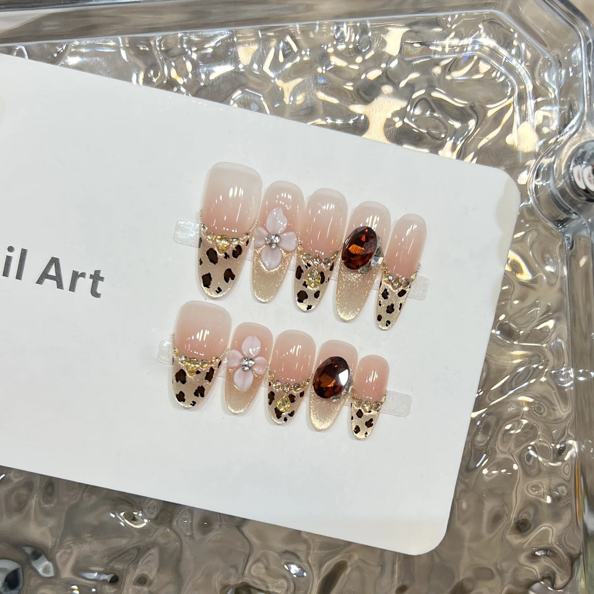Press-On Nail Set Leopard Print Floral Accents Adhesive Backing