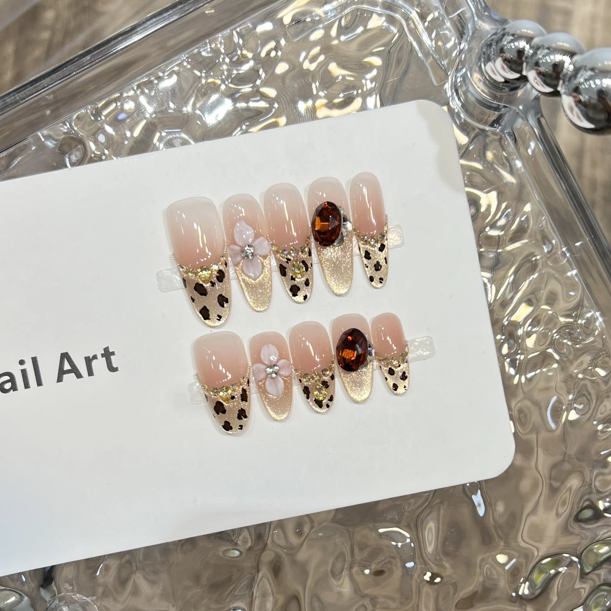 Press-On Nail Set Leopard Print Floral Accents Adhesive Backing
