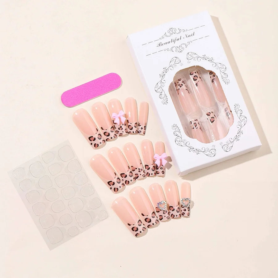 Press-On Nail Set Leopard Print & Glitter Embellished Self-Adhesive