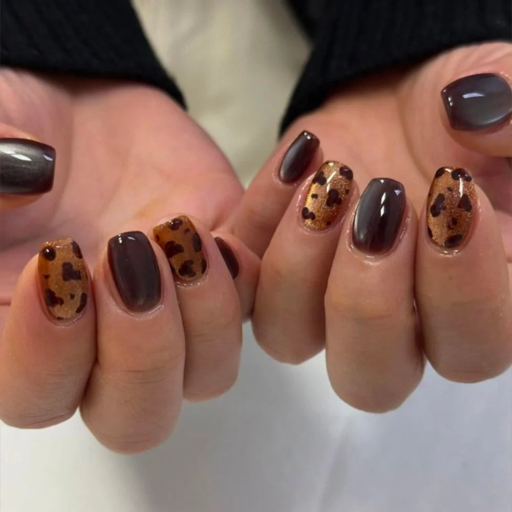 Press-On Nail Set Leopard Print Glossy Gel Long-Lasting