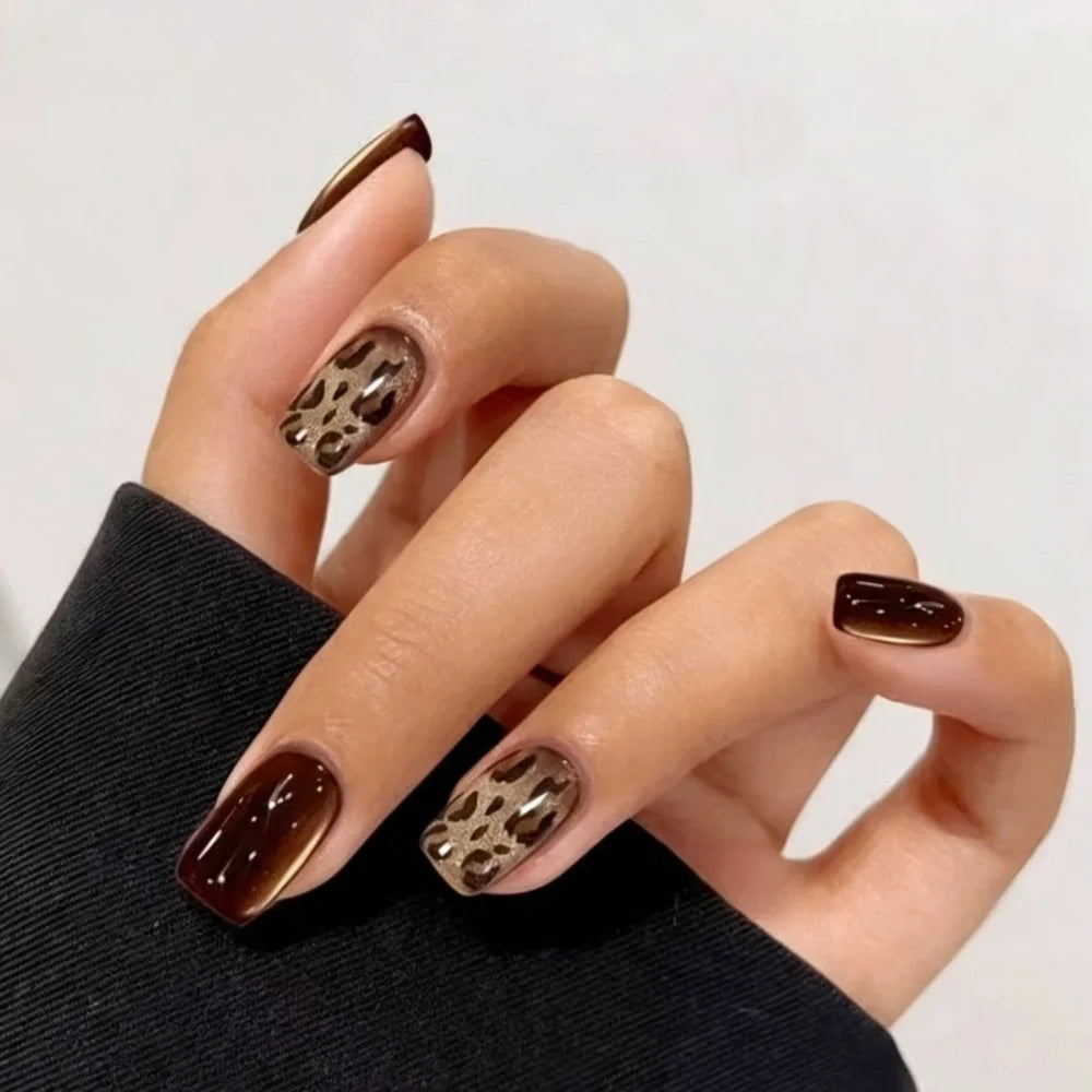 Press-On Nail Set Leopard Print Glossy Gel Long-Lasting