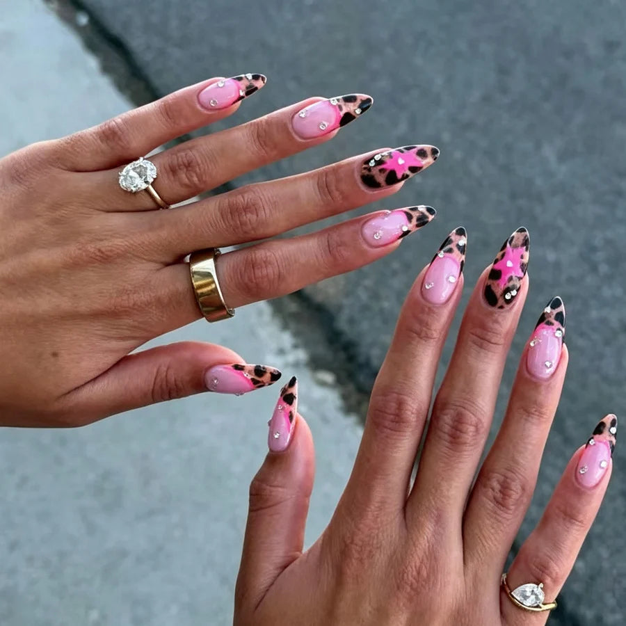 Press-On Nail Set Leopard Print Pink Accent Reusable