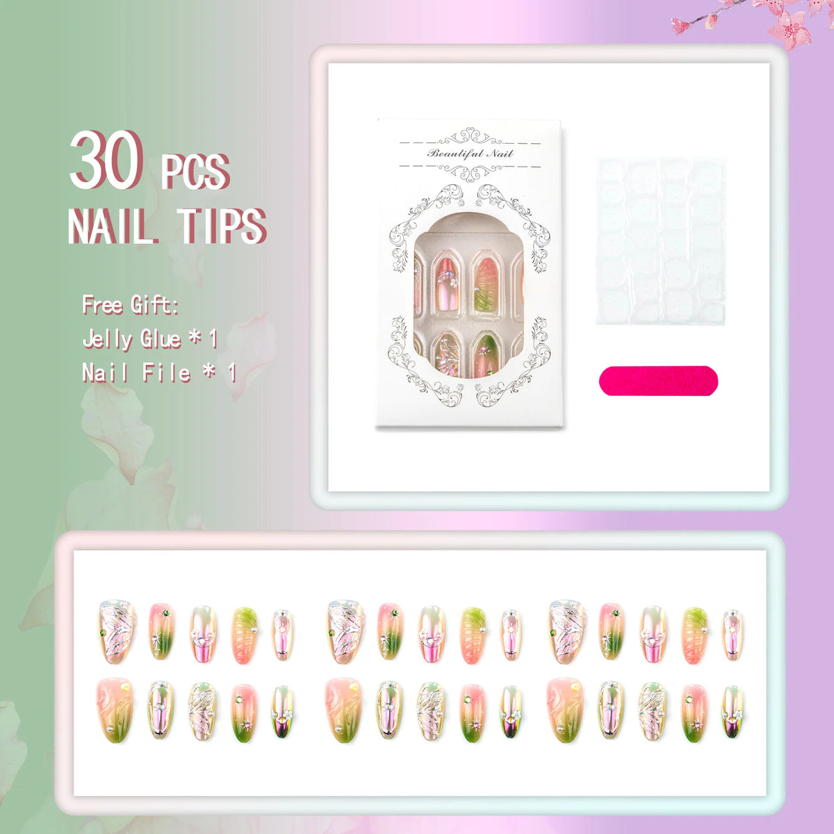 Press-On Nail Set Light Blue Floral Design Easy Application