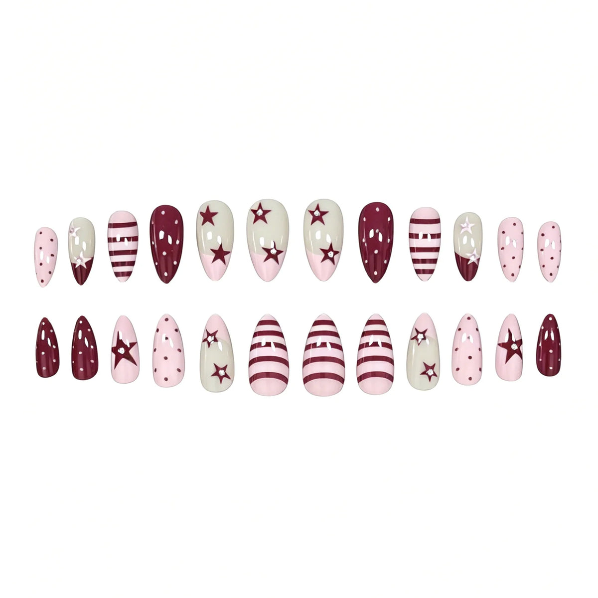 Press-On Nail Set Light Gray Artistic Gem Accents 24-Piece