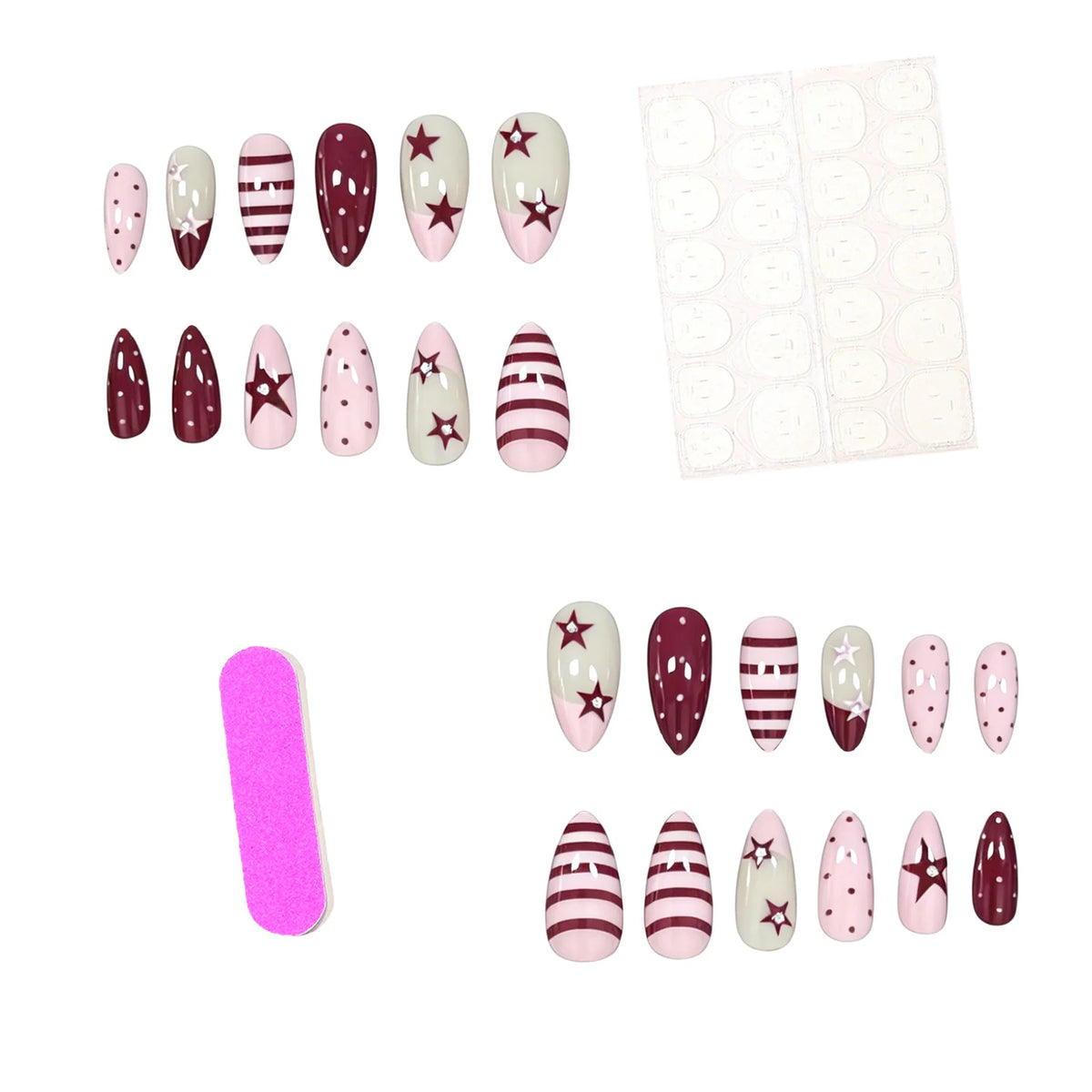 Press-On Nail Set Light Gray Artistic Gem Accents 24-Piece