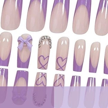 Press-On Nail Set Light Purple & Clear Heart Accents