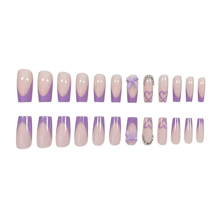 Press-On Nail Set Light Purple & Clear Heart Accents