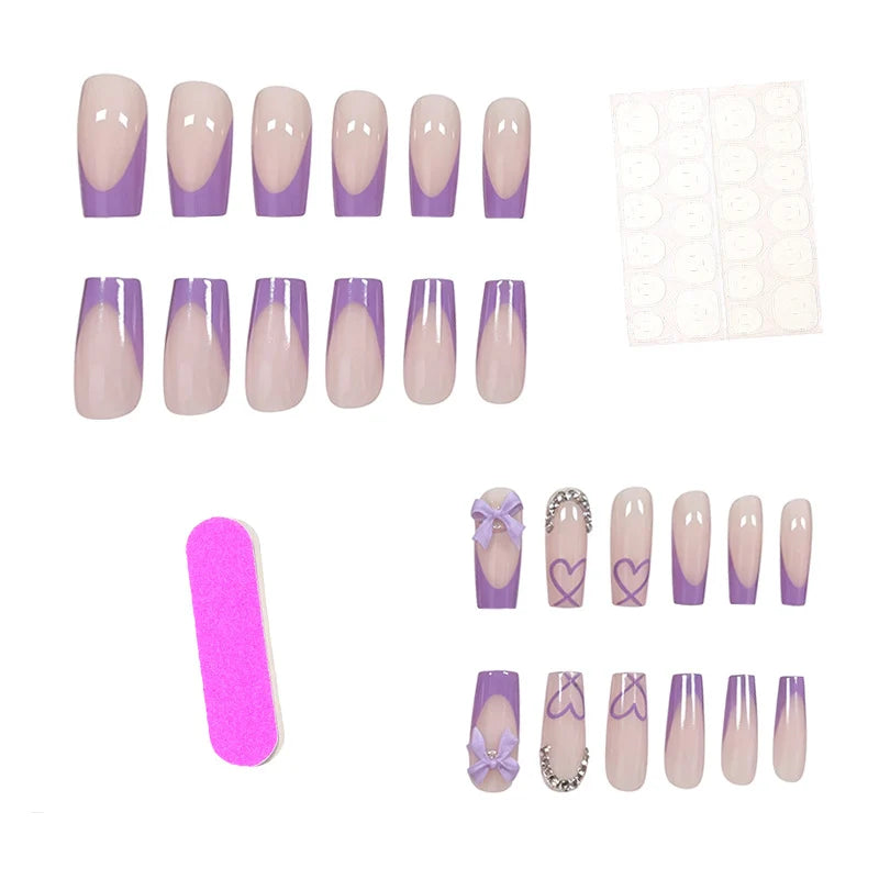 Press-On Nail Set Light Purple & Clear Heart Accents