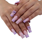 Press-On Nail Set Light Purple & Clear Heart Accents
