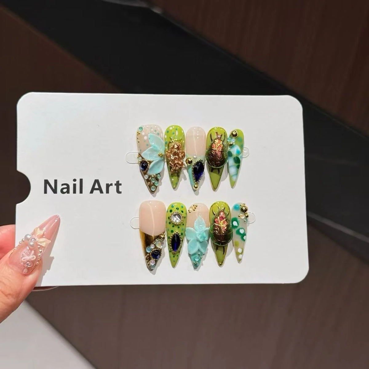 Press-On Nail Set Long Almond Floral & Gemstone Embellishments