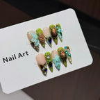 Press-On Nail Set Long Almond Floral & Gemstone Embellishments