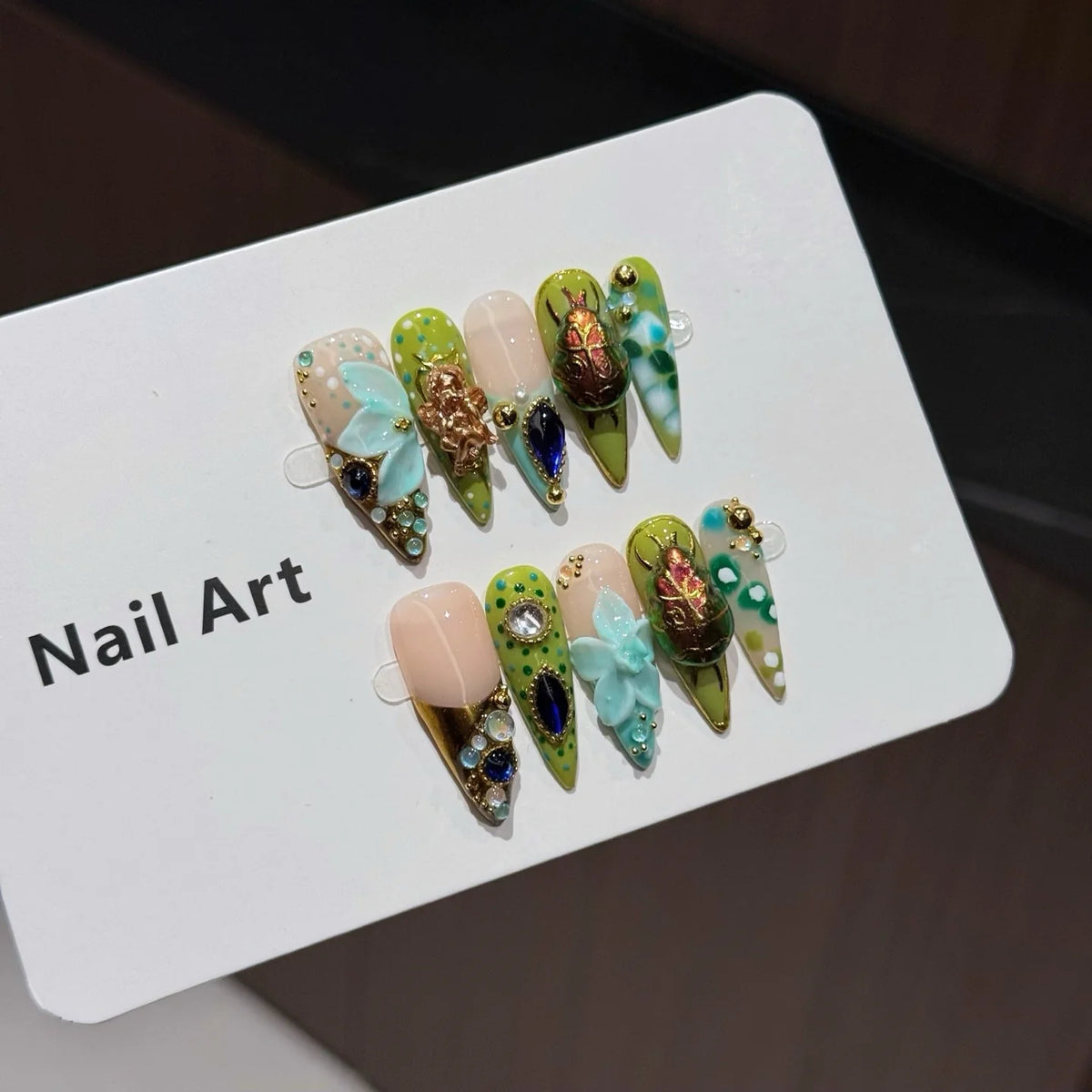 Press-On Nail Set Long Almond Floral & Gemstone Embellishments