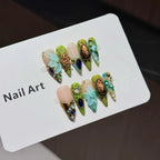 Press-On Nail Set Long Almond Floral & Gemstone Embellishments