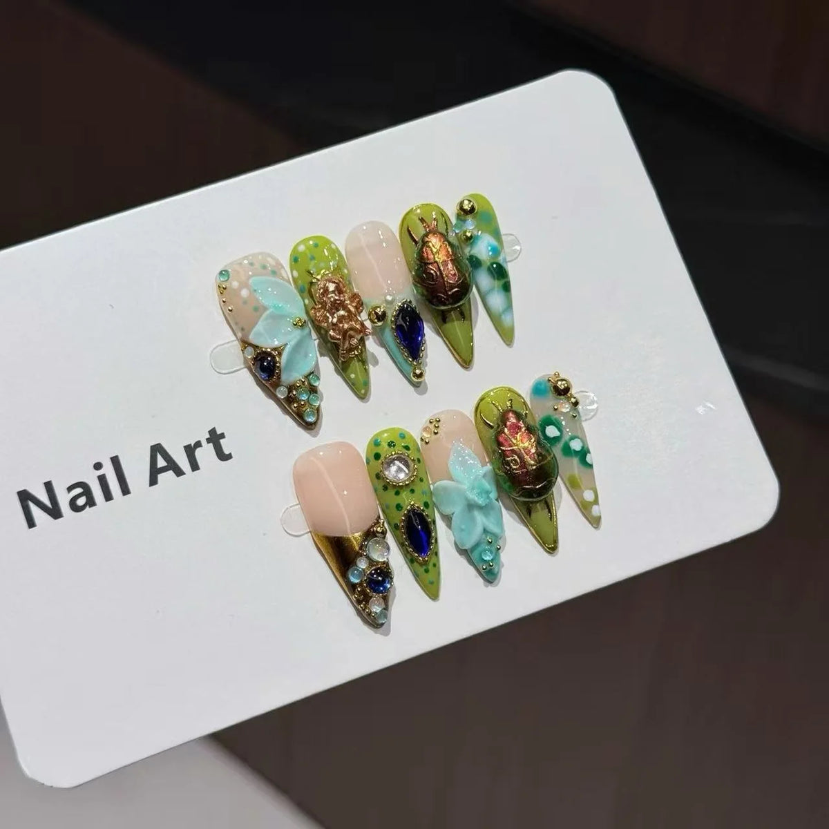 Press-On Nail Set Long Almond Floral & Gemstone Embellishments