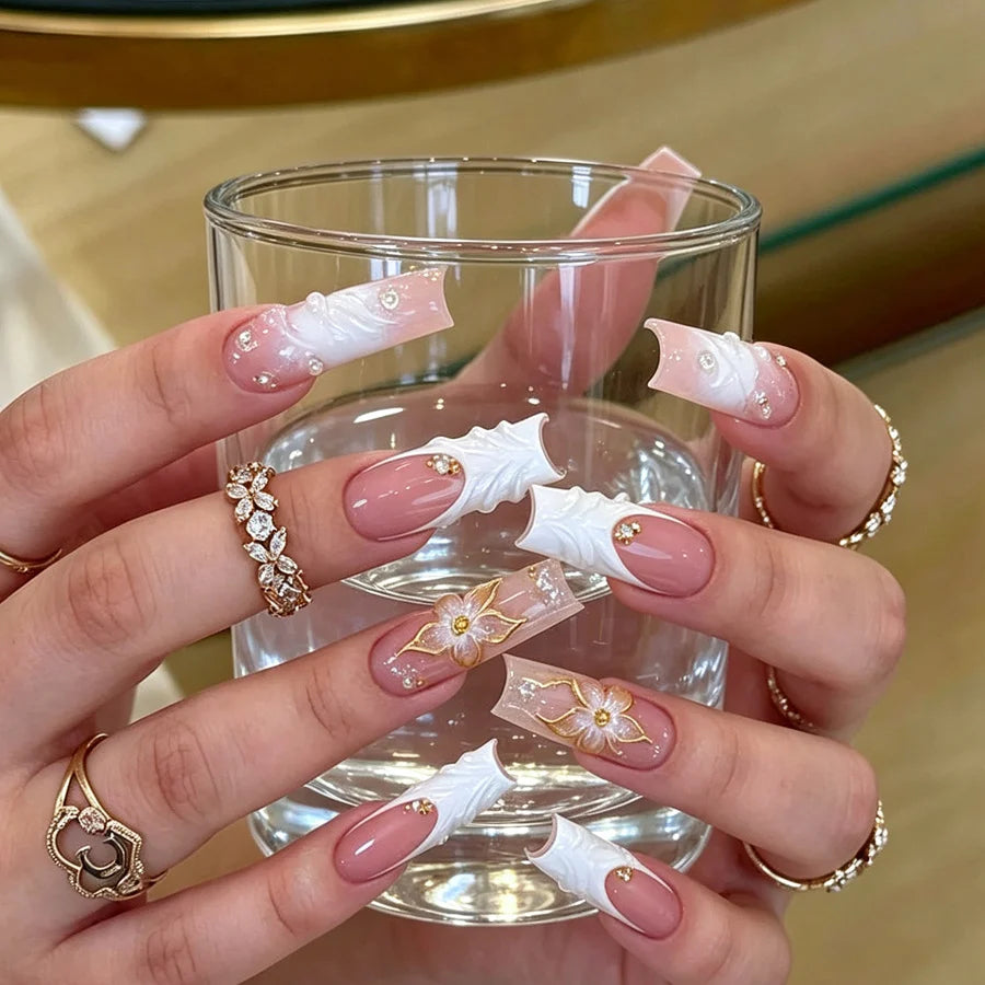 Press-On Nail Set Long Floral Easy Application