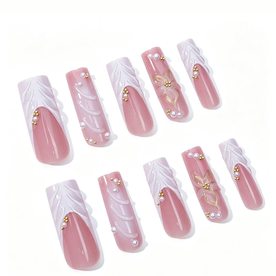 Press-On Nail Set Long Floral Easy Application