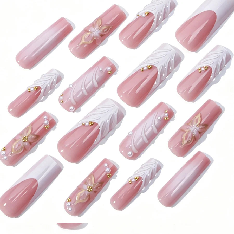 Press-On Nail Set Long Floral Easy Application