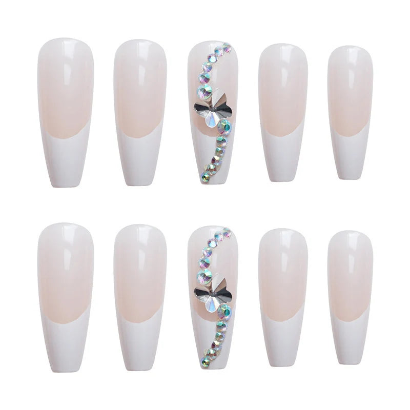 Press-On Nail Set Long Stiletto Crystal Accents Reusable