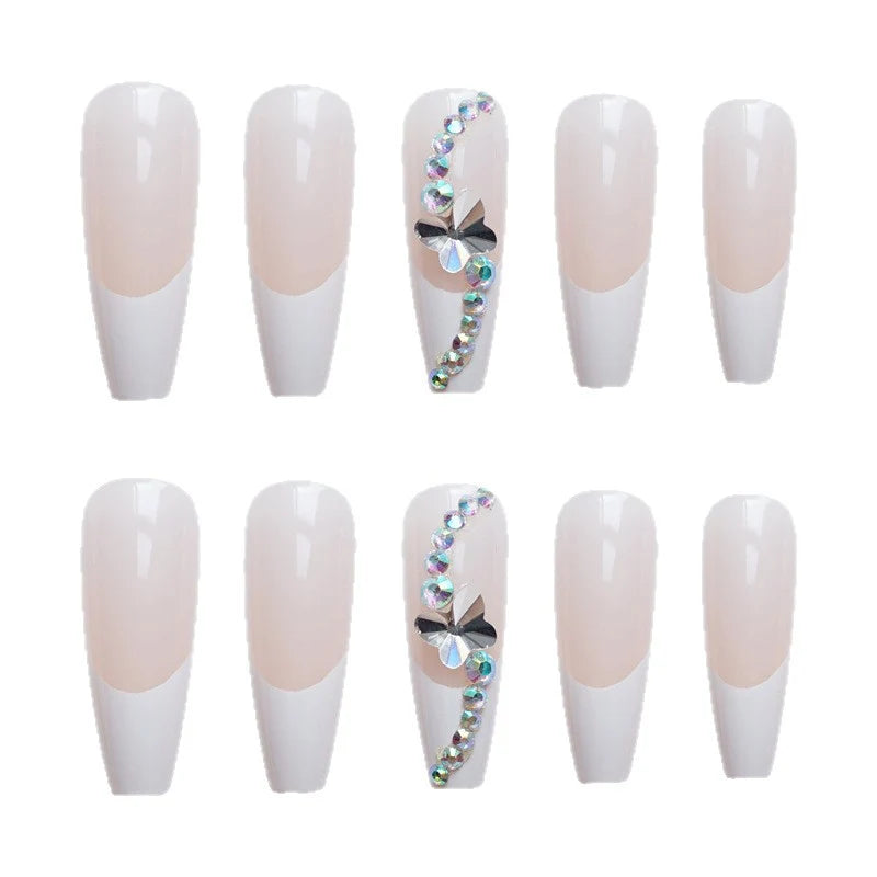 Press-On Nail Set Long Stiletto Crystal Accents Reusable