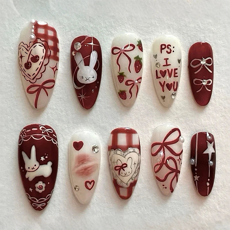 Press-On Nail Set Love-Themed Gems Easy Apply