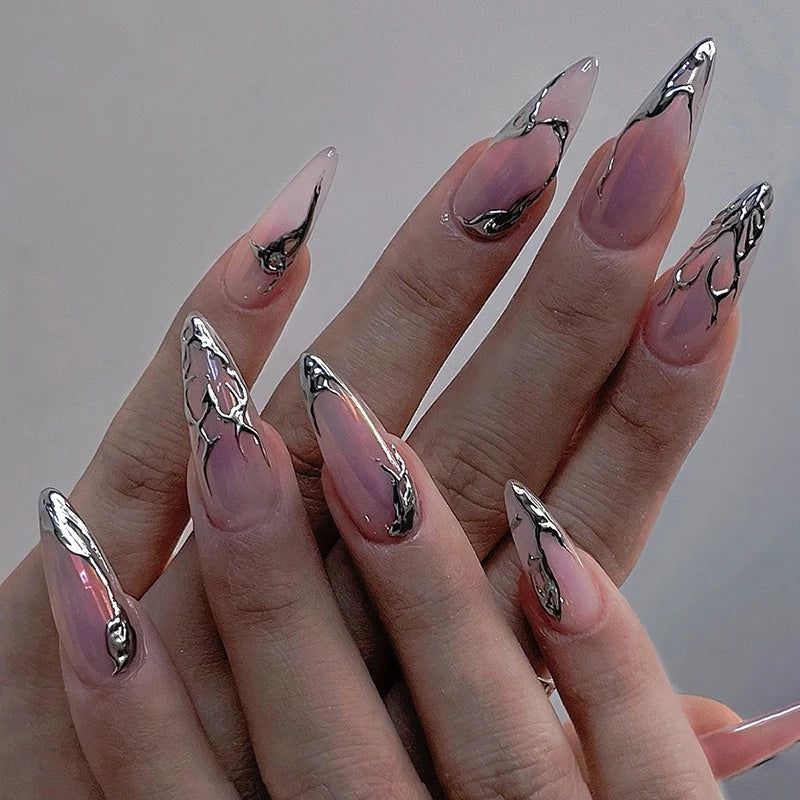 Press-On Nail Set Marbled Designs Adhesive Tape Included