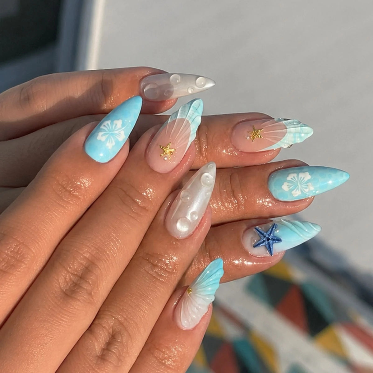 Press-On Nail Set Marine Motifs & Adhesive Strips