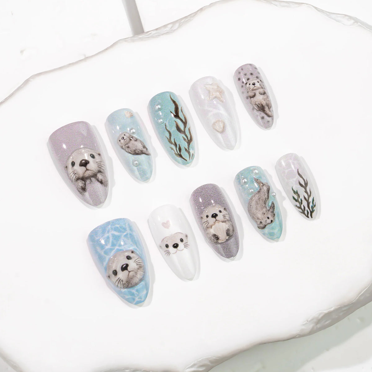 Press-On Nail Set Marine Otter Designs Durable & Reusable