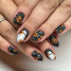 Press-On Nail Set Matte Black & Orange Floral Long-Lasting
