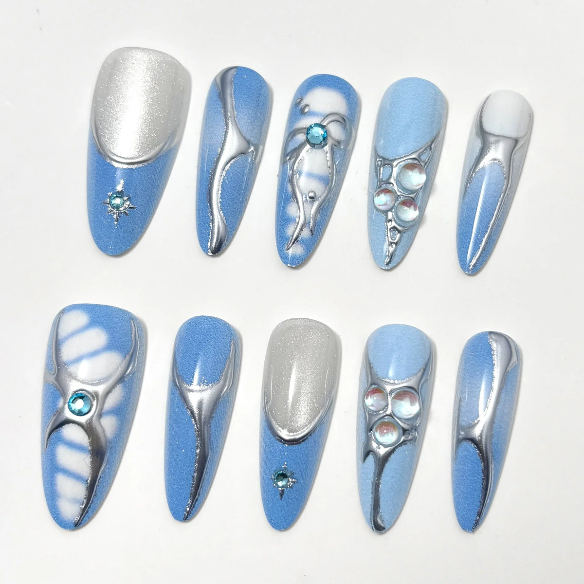 Press-On Nail Set Metallic Accent Designs Non-Toxic & Reusable