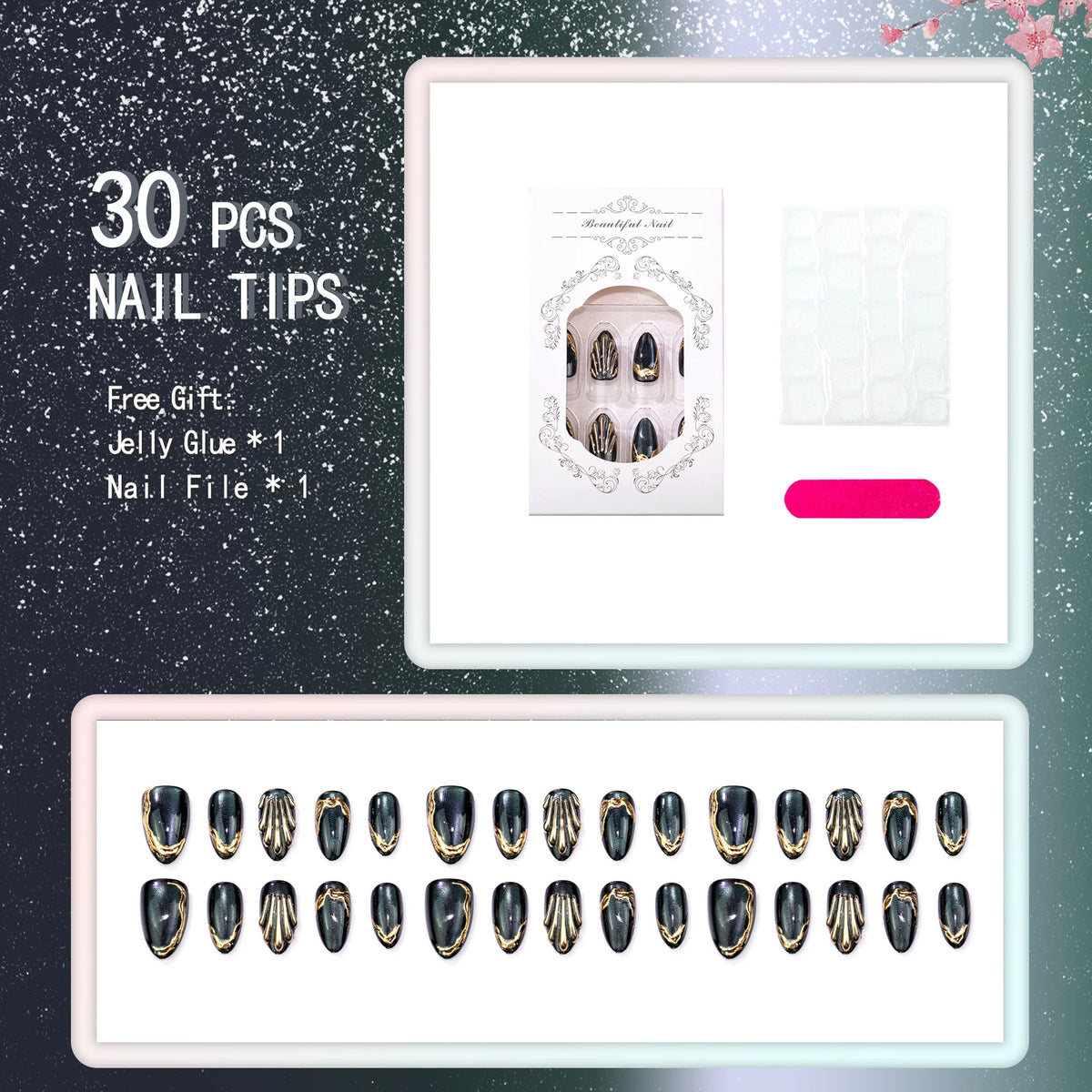 Press-On Nail Set Metallic Accents Glue-Free & Reusable