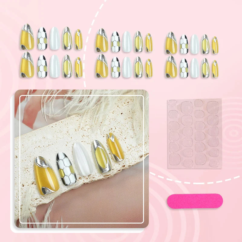 Press-On Nail Set Metallic Accents Glue-Free Reusable