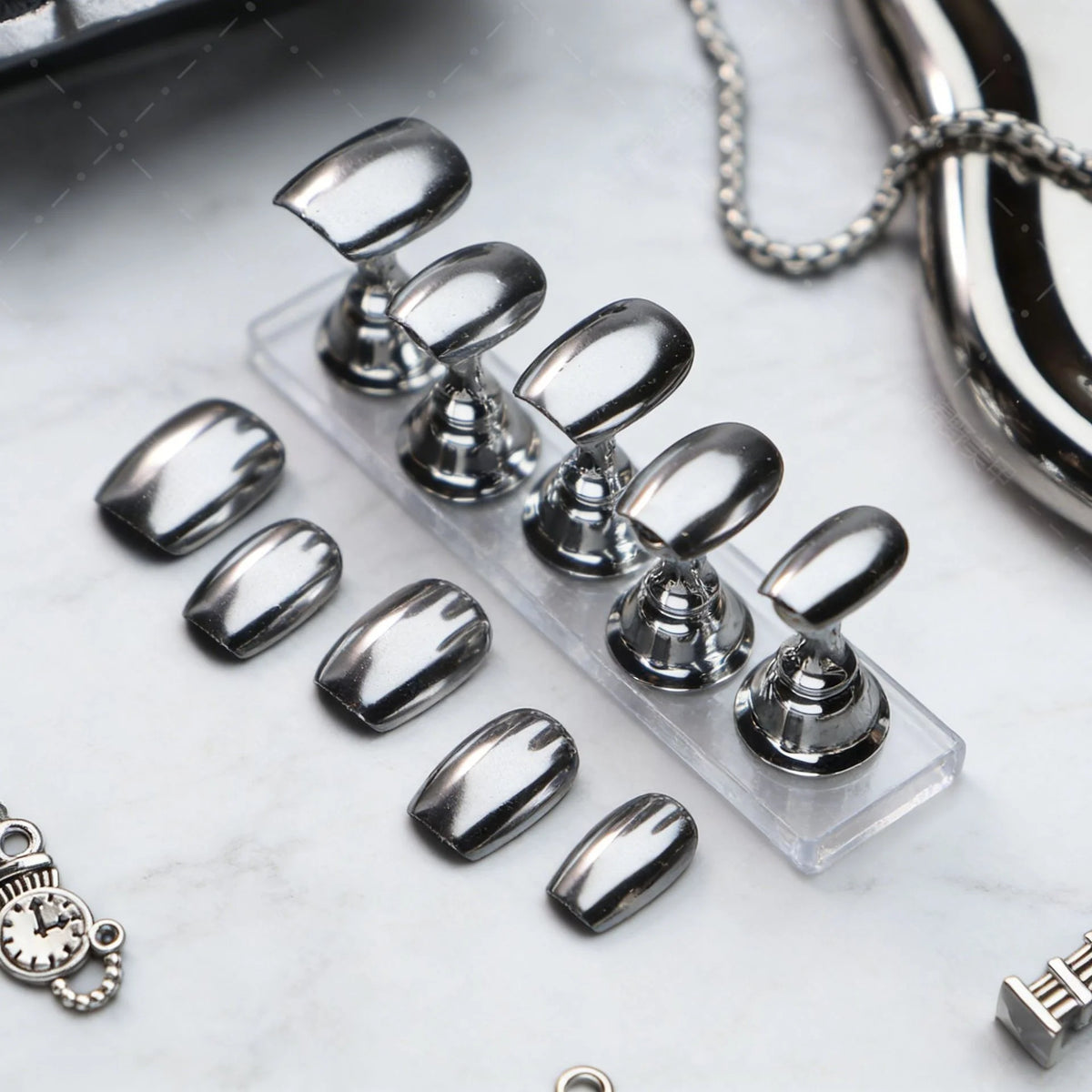 Press-On Nail Set Metallic Chrome No Glue Multiple Sizes