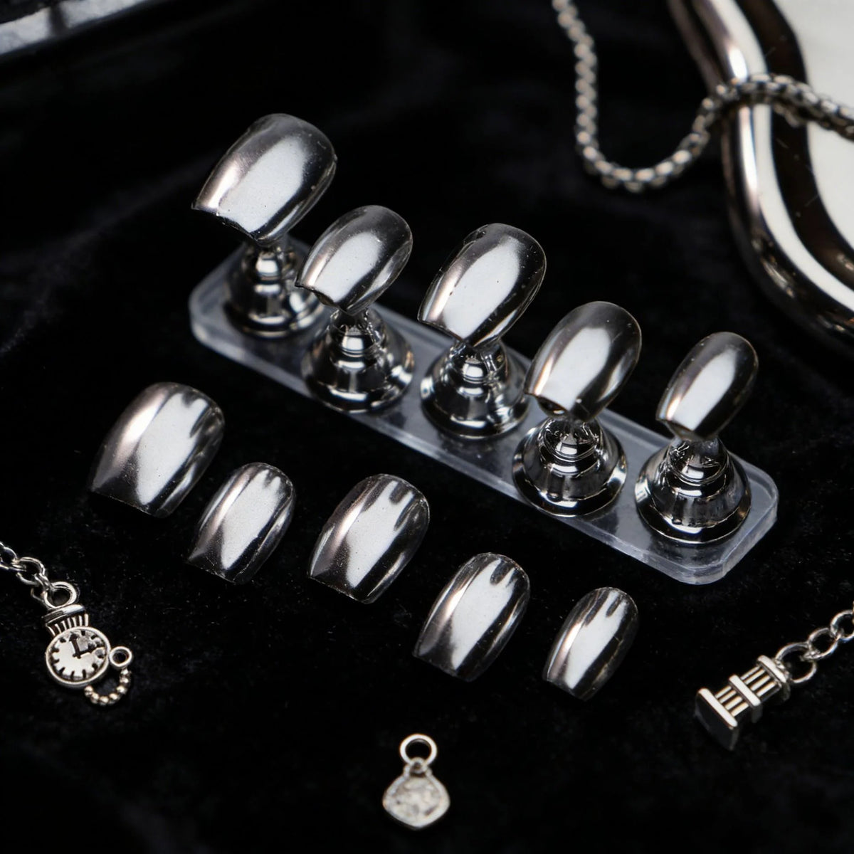 Press-On Nail Set Metallic Chrome No Glue Multiple Sizes