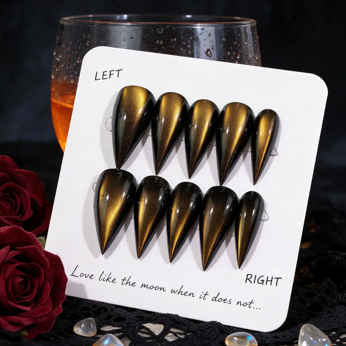 Press-On Nail Set Metallic Gold & Black Mirror Finish Reusable