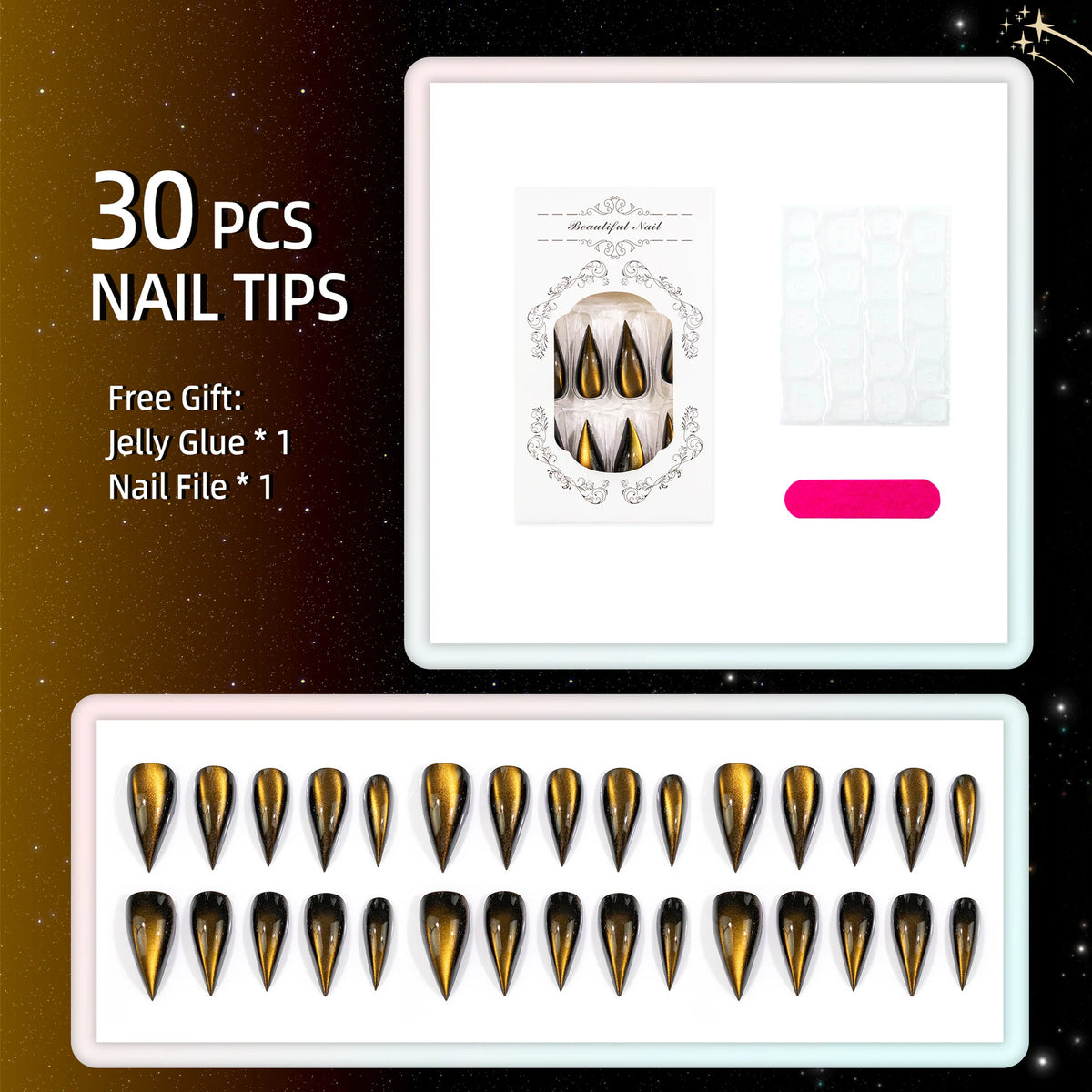 Press-On Nail Set Metallic Gold & Black Mirror Finish Reusable