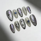 Press-On Nail Set Metallic Mirror Rhinestones Glue Included